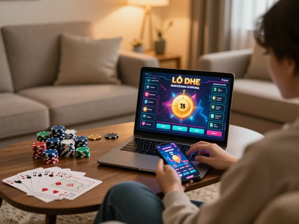 Lô đề online gameplay on a laptop, emphasizing strategic betting on a cozy home couch.
