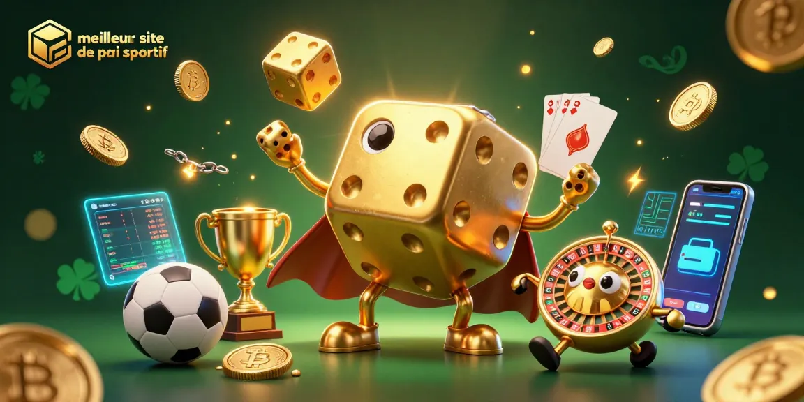 Visuel captivant du meilleur site de pari sportif, mettant en scène un golem de dés et des éléments sportifs, symbolisant l'excitation des paris.