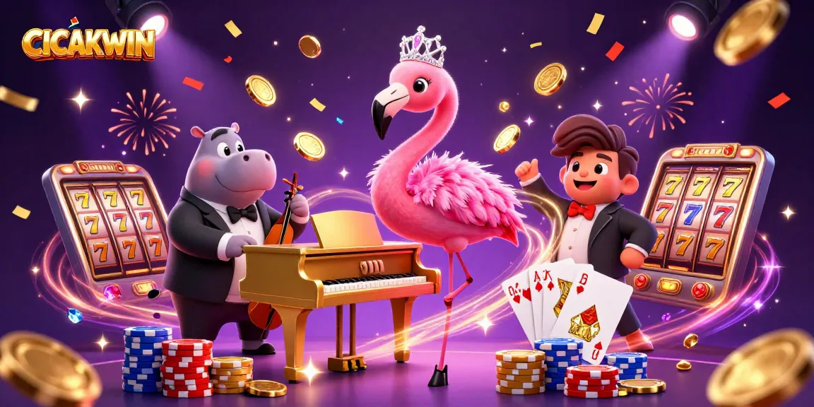 CICAKWIN casino scene featuring a flamboyant flamingo playing piano surrounded by vibrant slot elements and colorful ambiance.