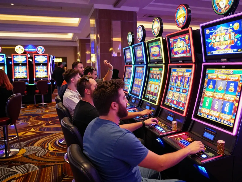 Rasakan keseruan slot gacor hari ini dalam suasana kasino yang meriah dengan pemain yang menikmati mesin yang penuh warna.