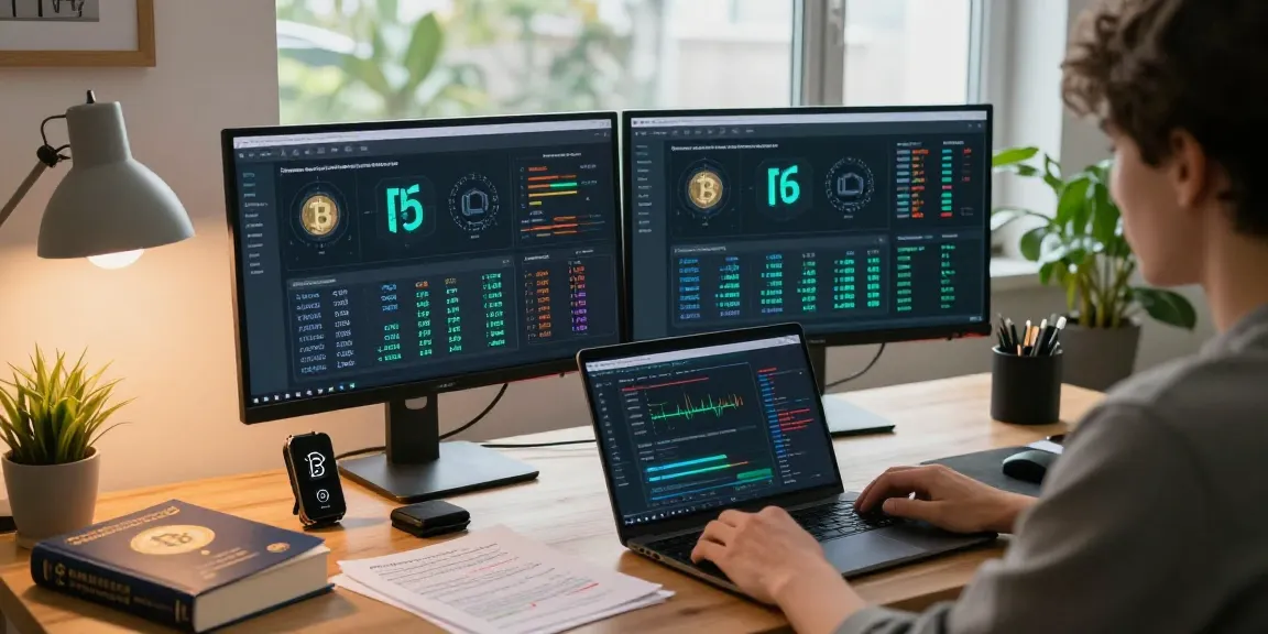 Automated bitcoin mining data on monitor in a secure crypto workspace with digital wallet tools.