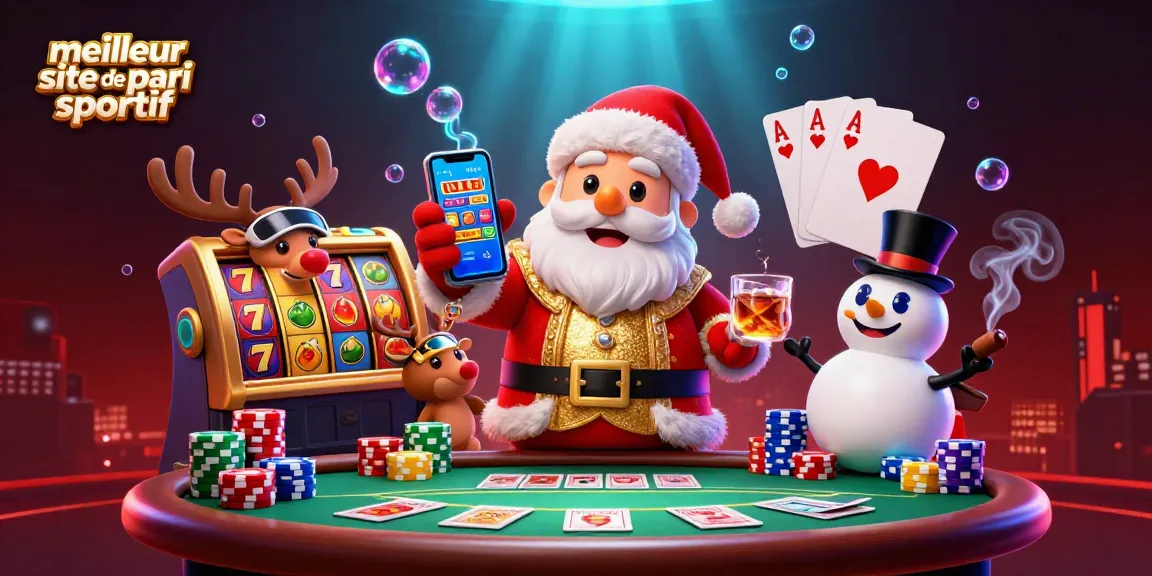 Illustration dynamique de Noël mettant en avant le meilleur site de pari sportif avec des personnages amusants et des éléments de casino.