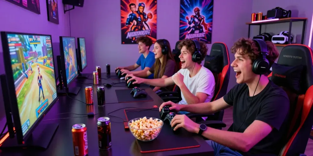 DJARUMBOS LINK ALTERNATIF gaming scene with friends playing video games in a vibrant living room.