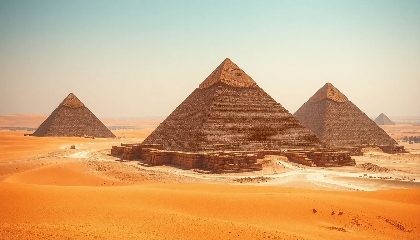 Visualize the historic Giza Pyramids featured on https://piraminds.com/ against a clear blue sky, radiating ancient grandeur.