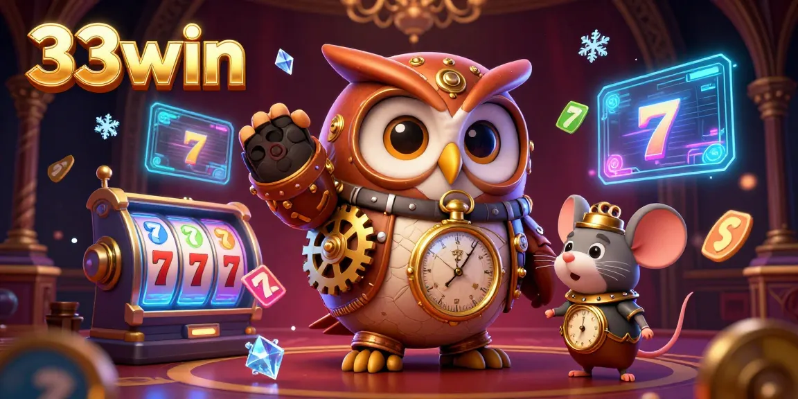 Engage in thrilling slots at 33win with animated owl and mouse in vibrant casino scene.