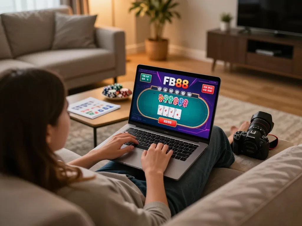Engaging online gaming session at home with fb88, showcasing a player in action