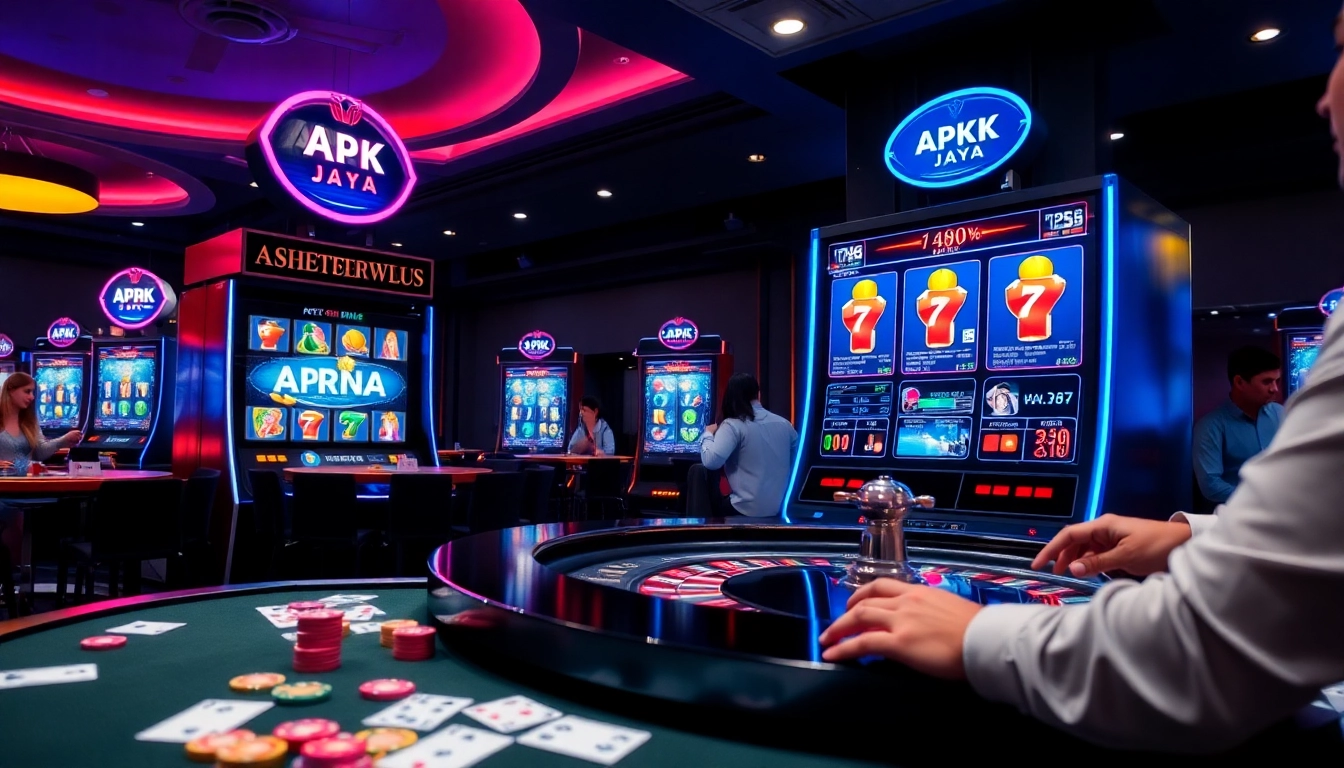 Players enjoying APK Jaya games at a vibrant casino setup with slots and roulette tables.