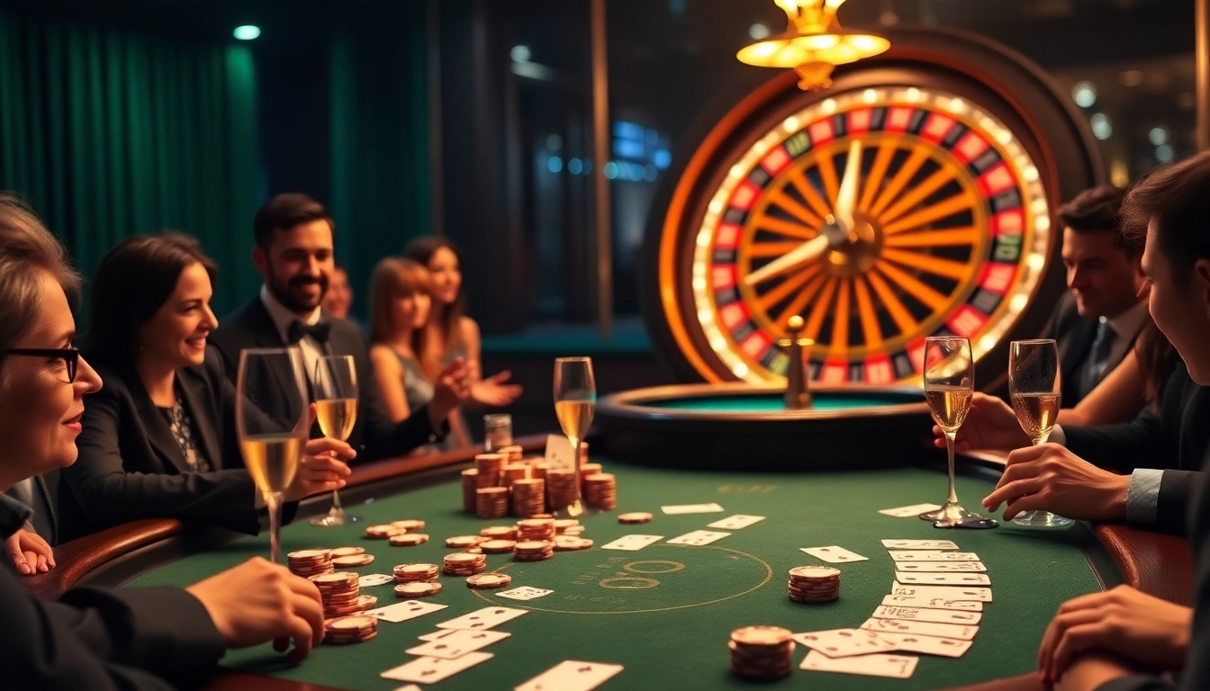 GO8 players engaging intensely at a luxurious poker table with vibrant chips and roulette wheel.