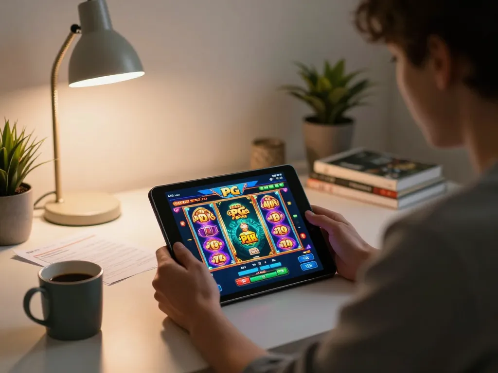 Engaging gaming moment featuring demo slot pg displayed on a tablet in a cozy home setting