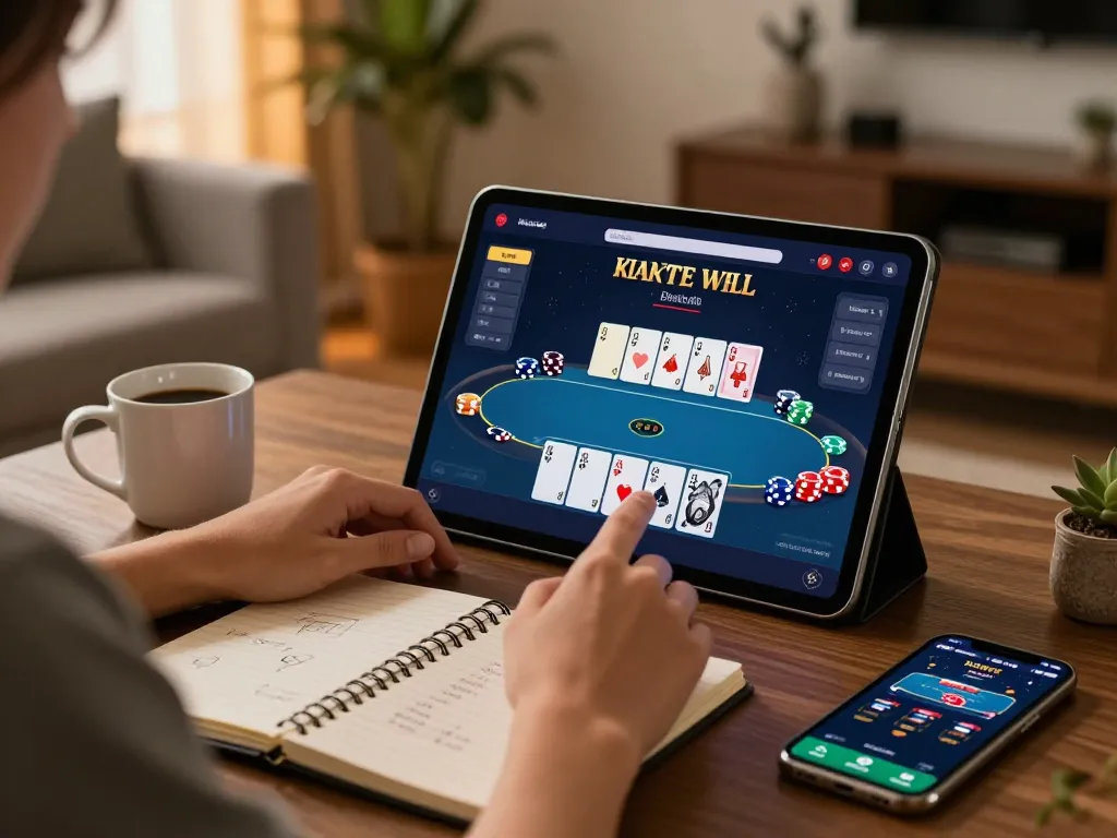 Engaging in online poker with B52 club on a tablet in a cozy home setting.