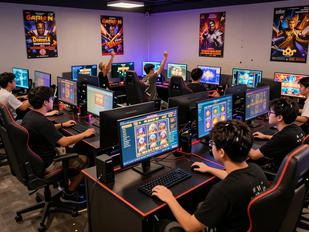 Players enjoying slot gacor hari ini in a vibrant gaming lounge, showcasing excitement and community.