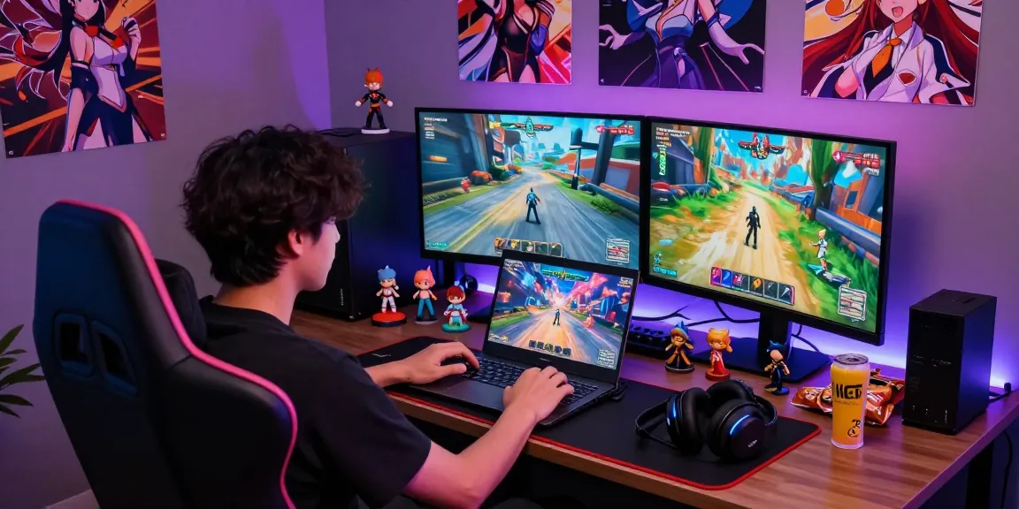 Engaged gamer enjoying a hentai game with vibrant setup and character figures.