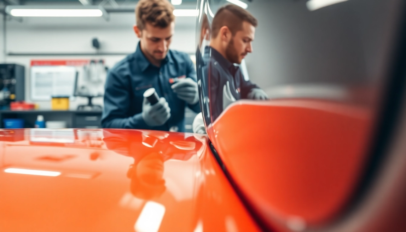 Technician uses ScuffDoc to repair car scratches with precision in a bright workshop.