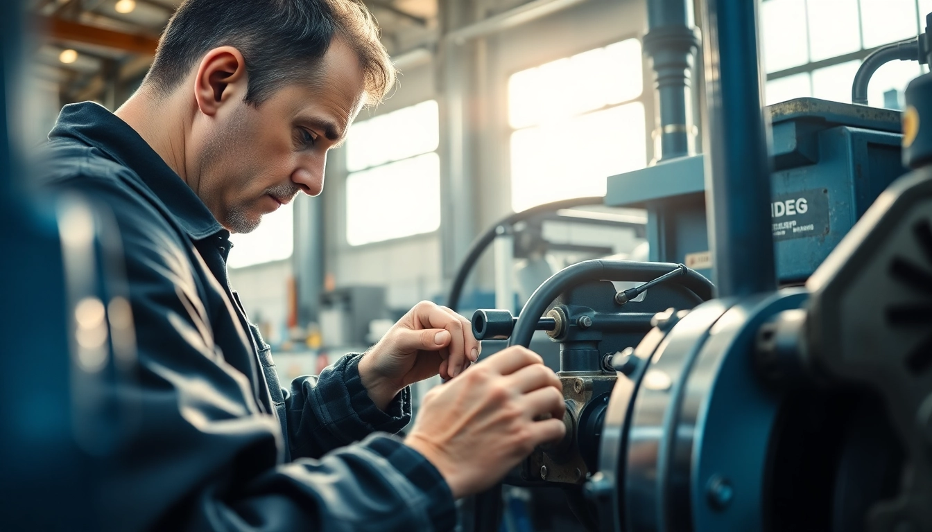 Technician conducting on-site hydraulic repair, highlighting mechanical precision and professionalism.