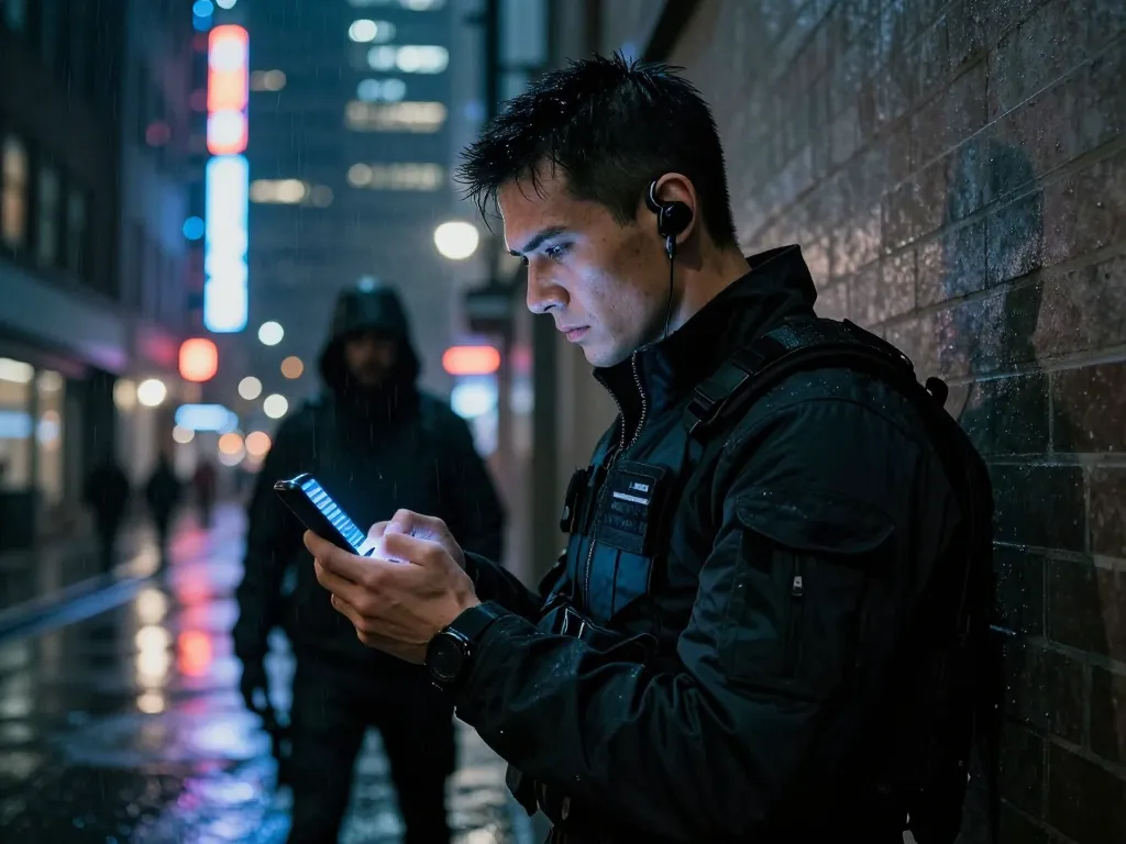 Intriguing Night Agent Season scene showing a covert agent in a neon-lit urban setting, embodying action and suspense.