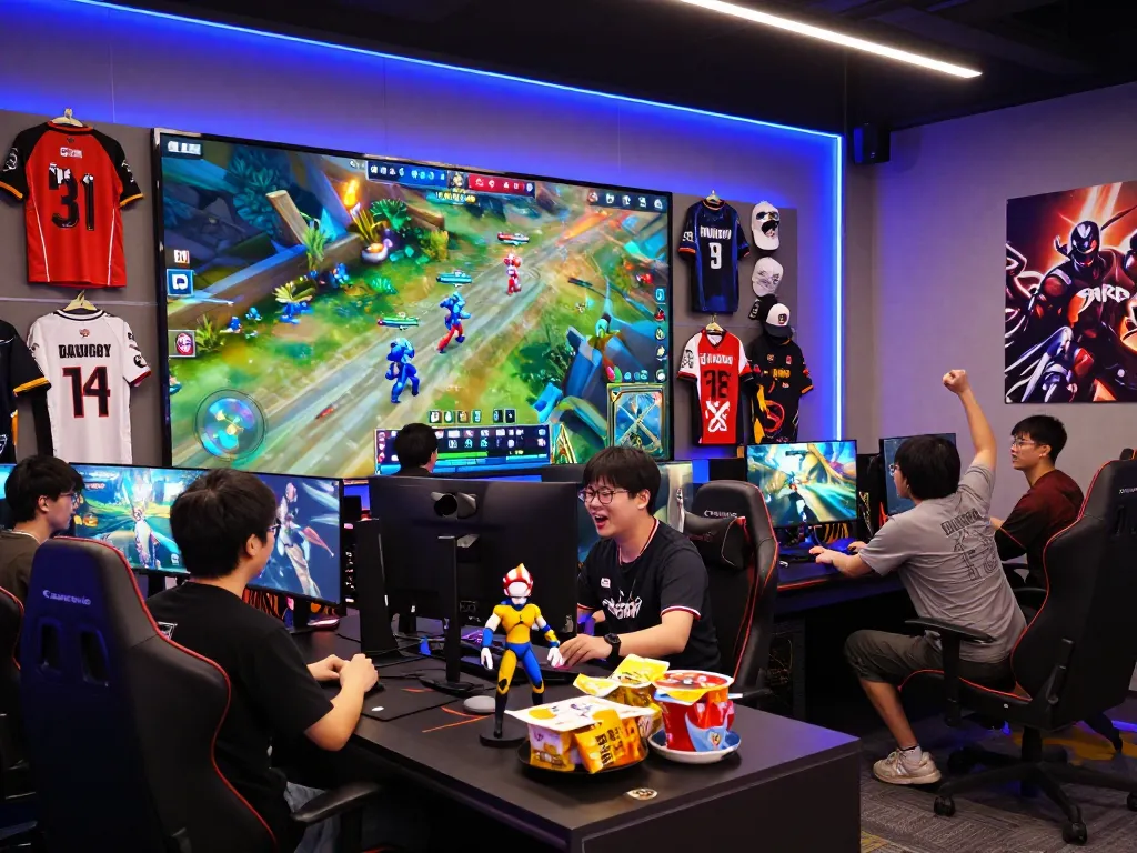Gamers participating in ligasedayu online gaming community competition, showcasing interactive gameplay and branded merchandise.