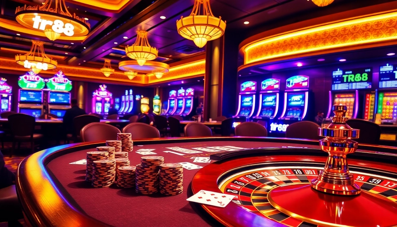 Experience high-stakes excitement with tr88 as players engage at a luxurious casino table featuring poker chips and cards.