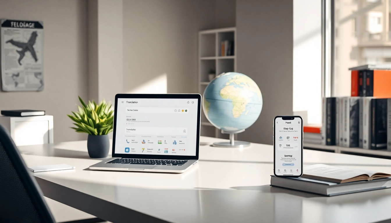 Modern translation office showcasing 有道翻译 app on devices and language books.