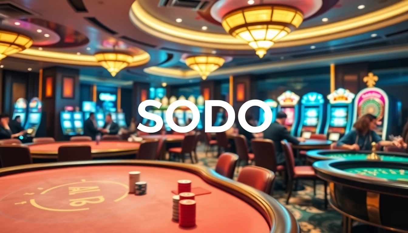 SODO Casino showcases an exciting gaming environment with vibrant tables and eager players betting.