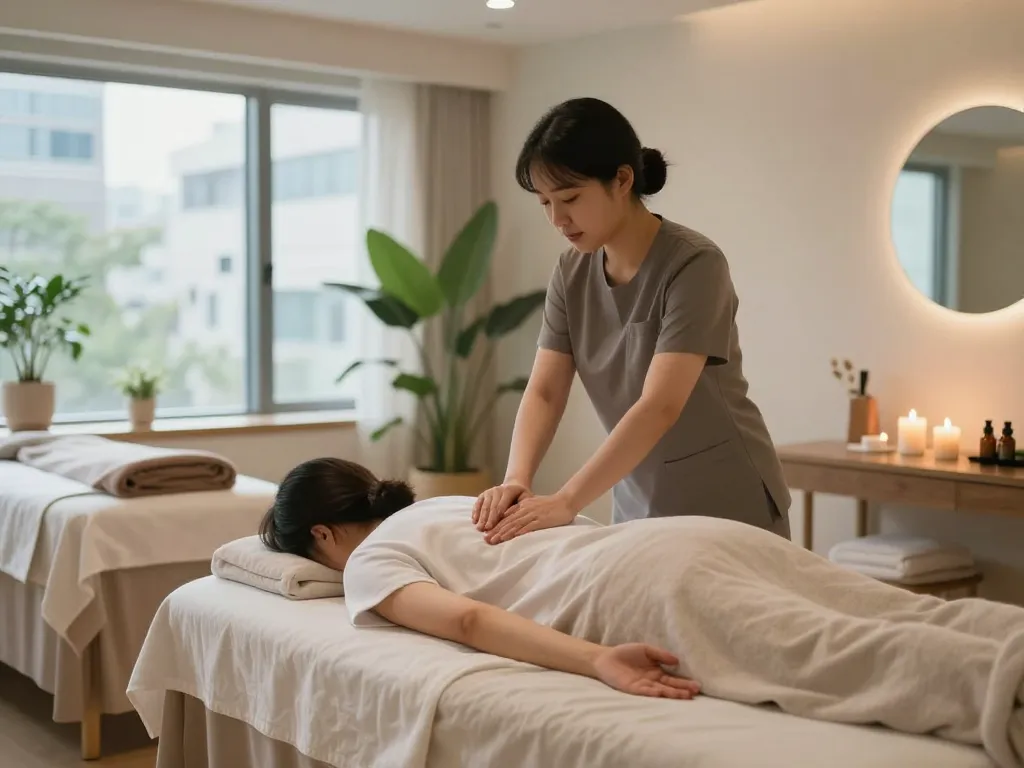 촛불과 자연광으로 가득 찬 편안한 웰니스 환경에서 이완 치료를 제공하는 숙련된 치료사가 있는 평화로운 강남마사지 장면.