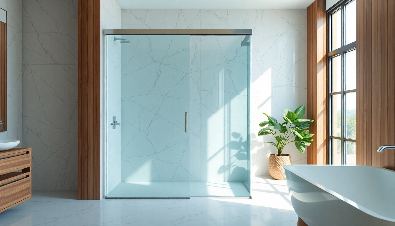 Stunning shower sliding doors framing a modern bathroom, showcasing elegant design and inviting atmosphere.