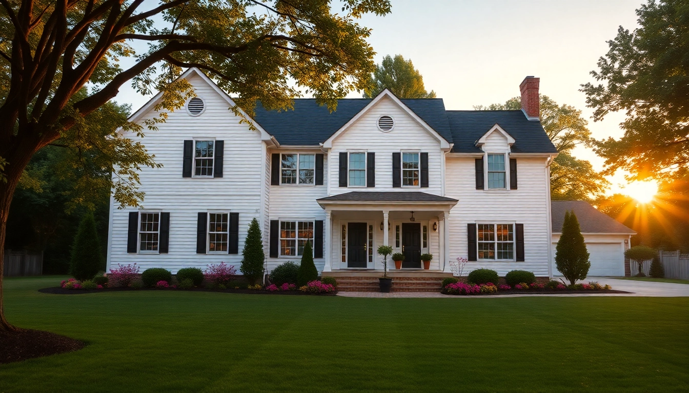 Showcase colonial home new build construction with lush landscaping in a warm sunset.