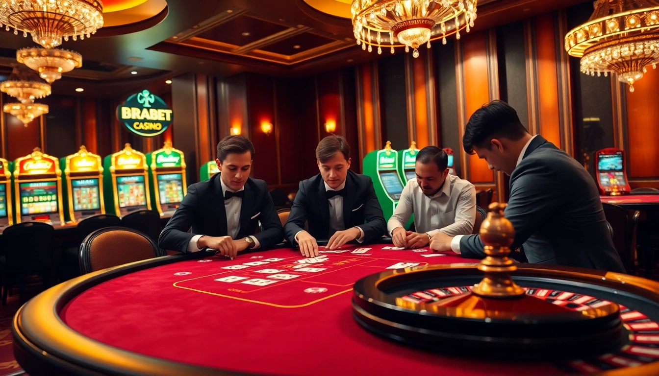 BRABET casino scene with poker players and roulette wheel exuding excitement and professionalism