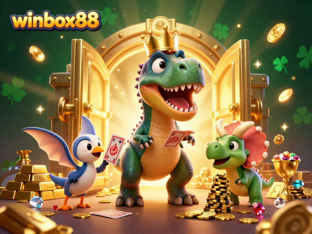 Join the fun at winbox88 with a friendly T-Rex shuffling cards and a pterodactyl assisting, surrounded by treasure!
