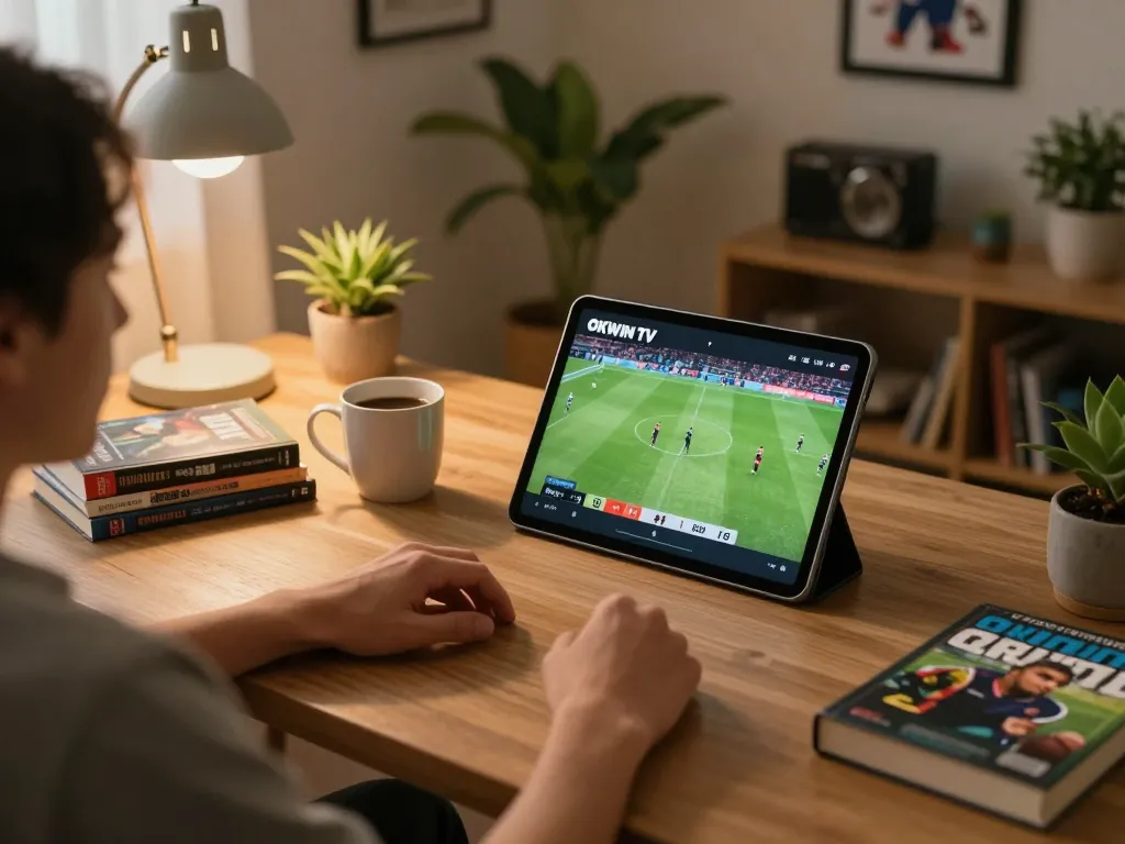 Xem bóng đá OKWIN TV on tablet in cozy home setup with warm lighting and sports decor.