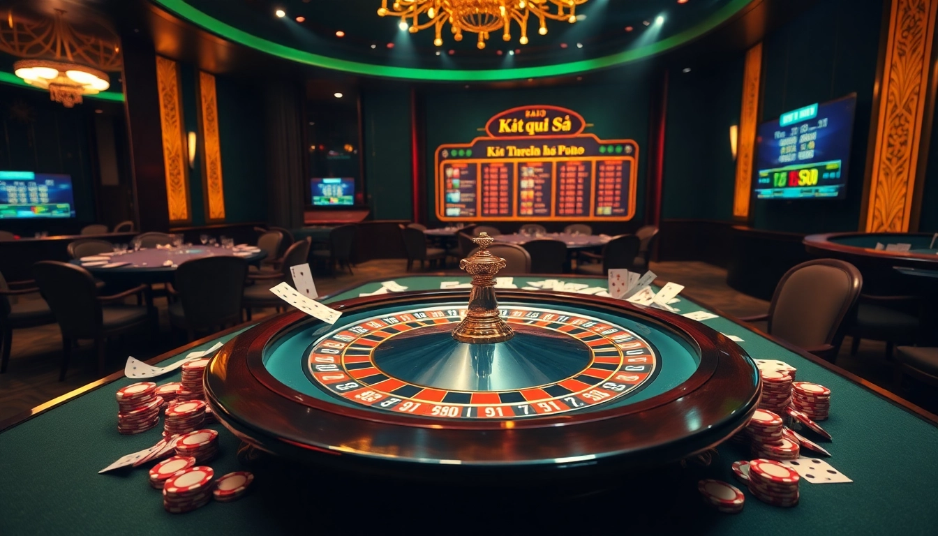Kết quả xổ số displayed among upswept poker chips and captivating roulette table in a luxurious casino setting.