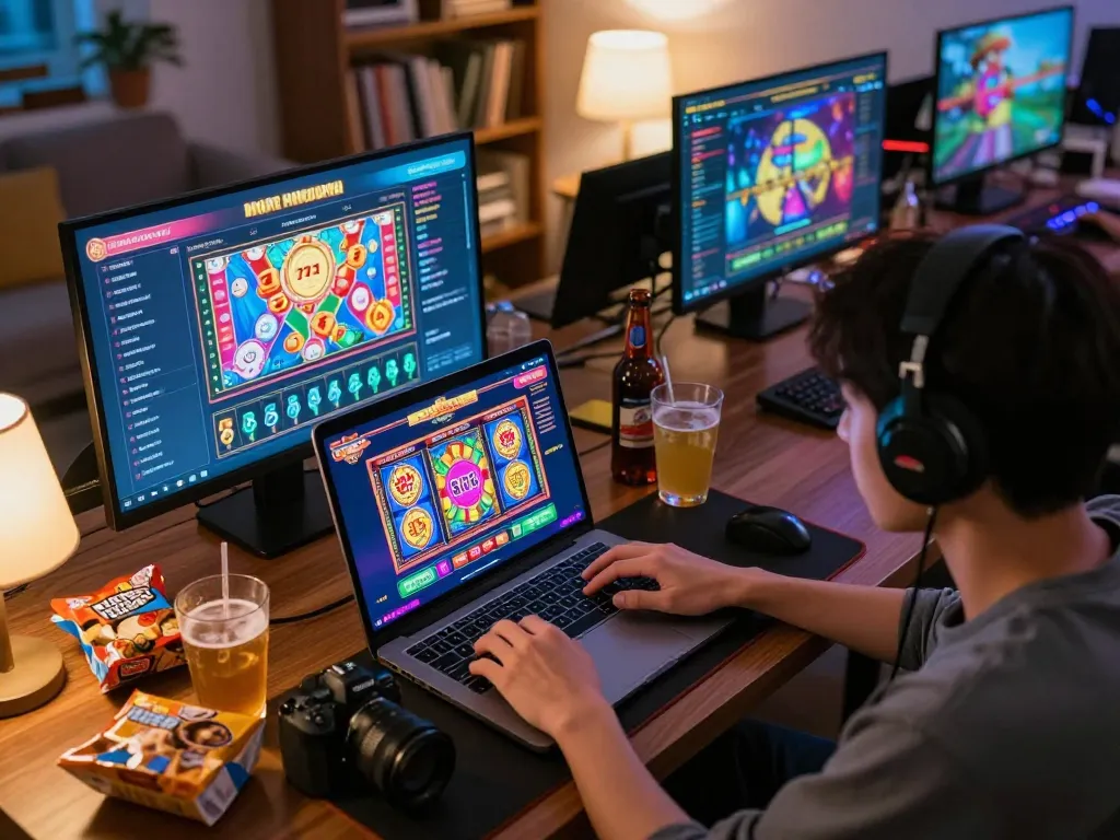 Engaging player enjoying slot gacor 777 through online gaming interface in cozy home setup