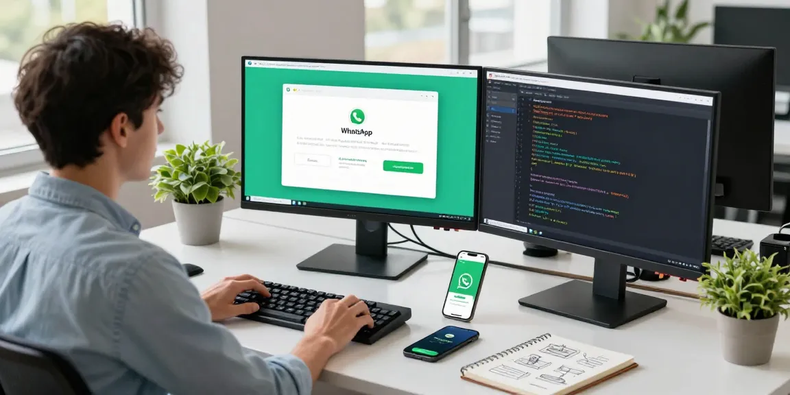Developer showcasing WhatsApp下載 interface during software design in a vibrant modern workspace.