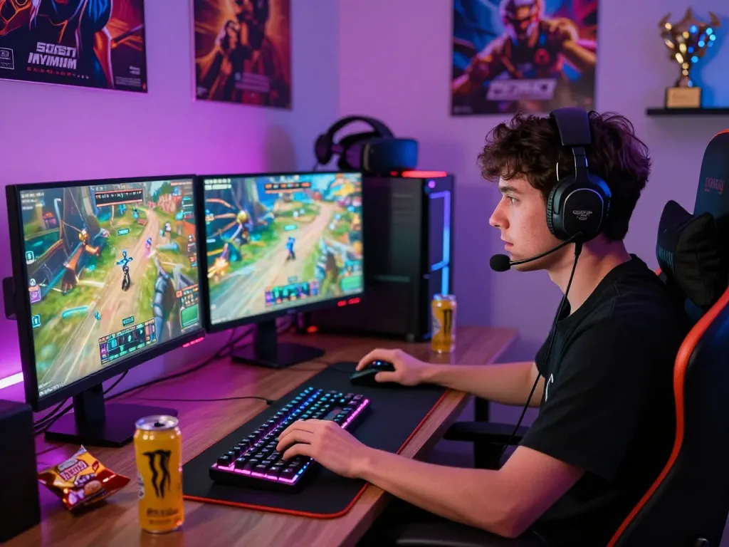 Engaged gamer playing online games with ligasedayu under vibrant LED lights and dual monitors.