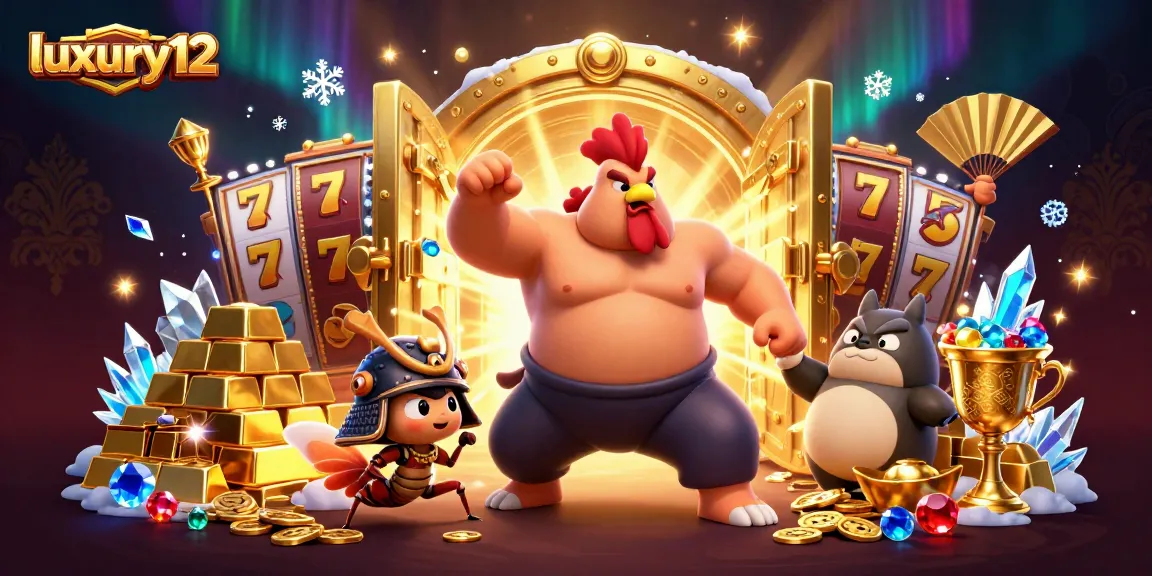 Experience luxury12 in an energetic casino setting with vibrant characters and sparkling treasures.
