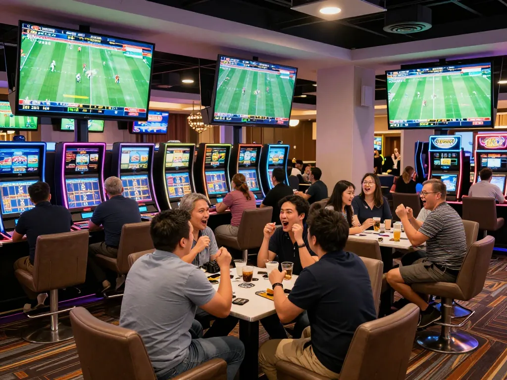 KQBD sports enthusiasts cheering for their favorite teams while placing bets in a vibrant casino