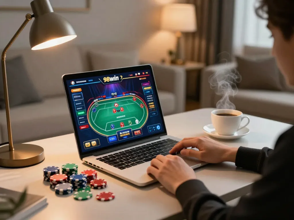 Engaging online gaming scene for game 98win with laptop and poker chips, showcasing strategic betting.