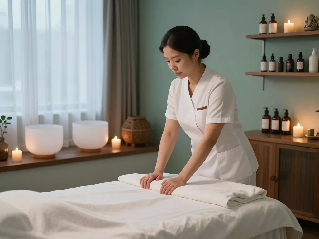 Relaxing 강남마사지 session in a tranquil spa setting with a professional therapist preparing the massage room.