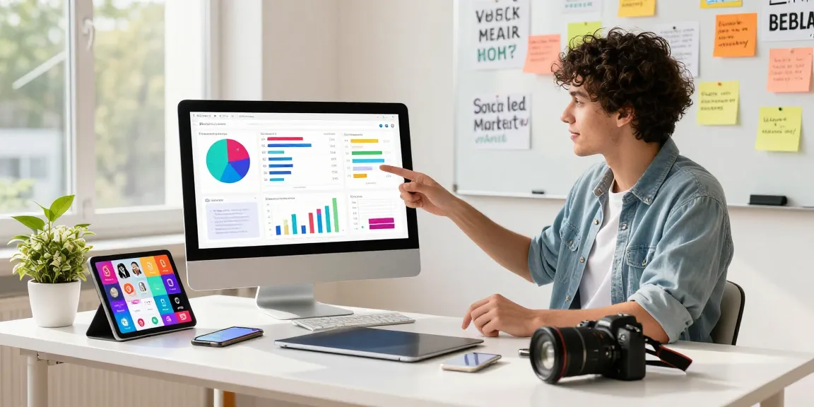 Engaging workspace scene showcasing the best sites to buy Instagram likes with influencer analyzing social media metrics.