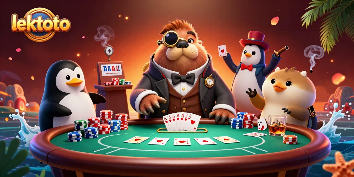 Bluffing at lektoto's underwater poker table with a walrus, penguin dealer, and pufferfish player.