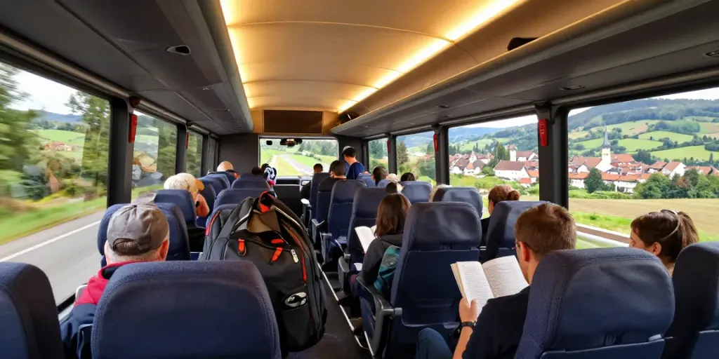 Transport Moldova Anglia: Călător confortabil într-un autocar modern, admirând peisajul european.
