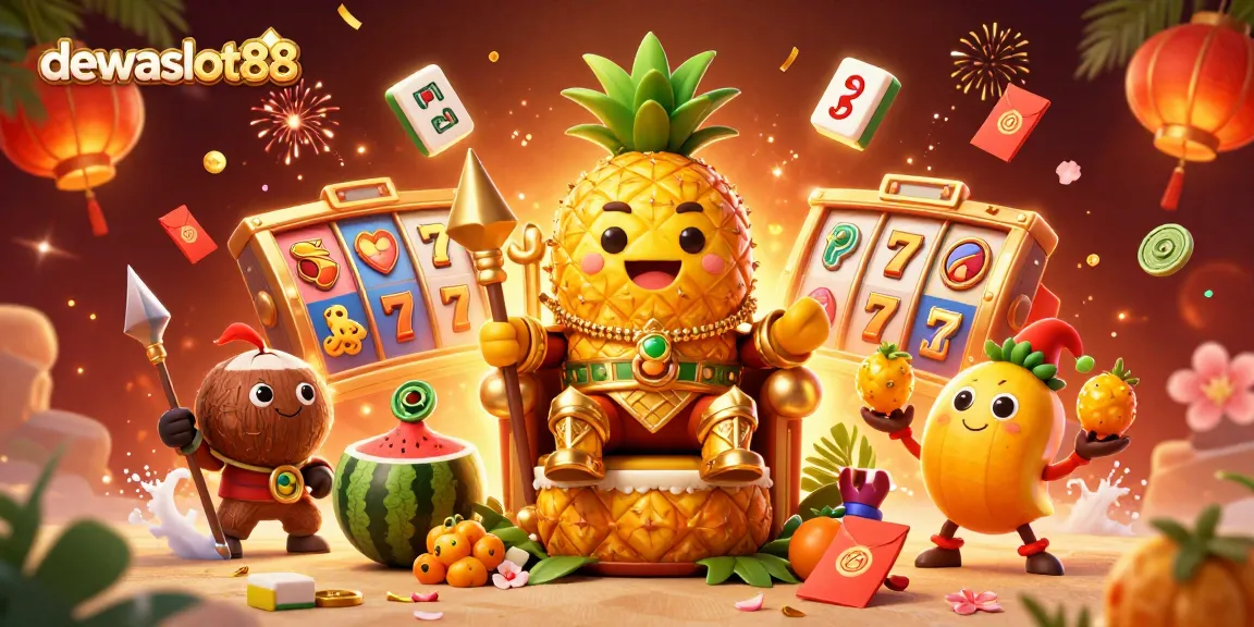 dewaslot88 menghadirkan ilustrasi kasino 3D dengan raja nanas emas dan berbagai elemen permainan