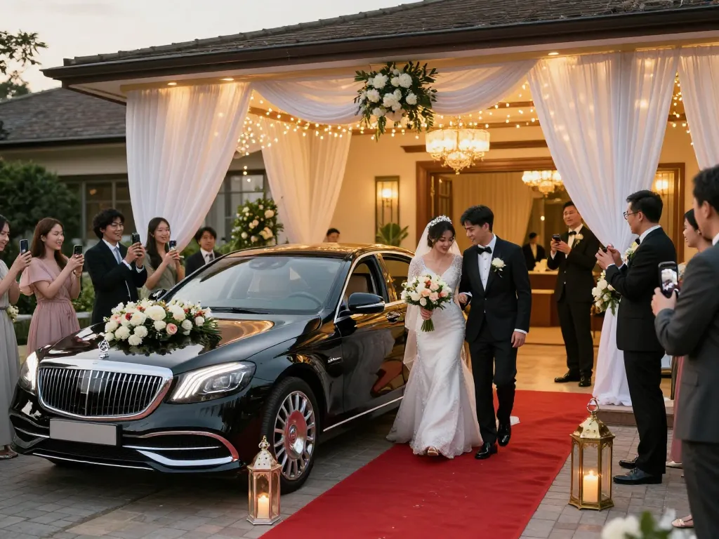 Trải nghiệm một đám cưới sang trọng với thuê xe cưới Mercedes, với một cặp đôi bước ra từ chiếc Mercedes được trang trí đẹp mắt bên ngoài một địa điểm lớn.
