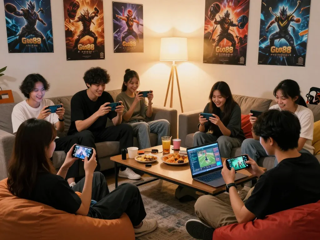 Friends enjoying the Go88 mobile game in a cozy living room setting.