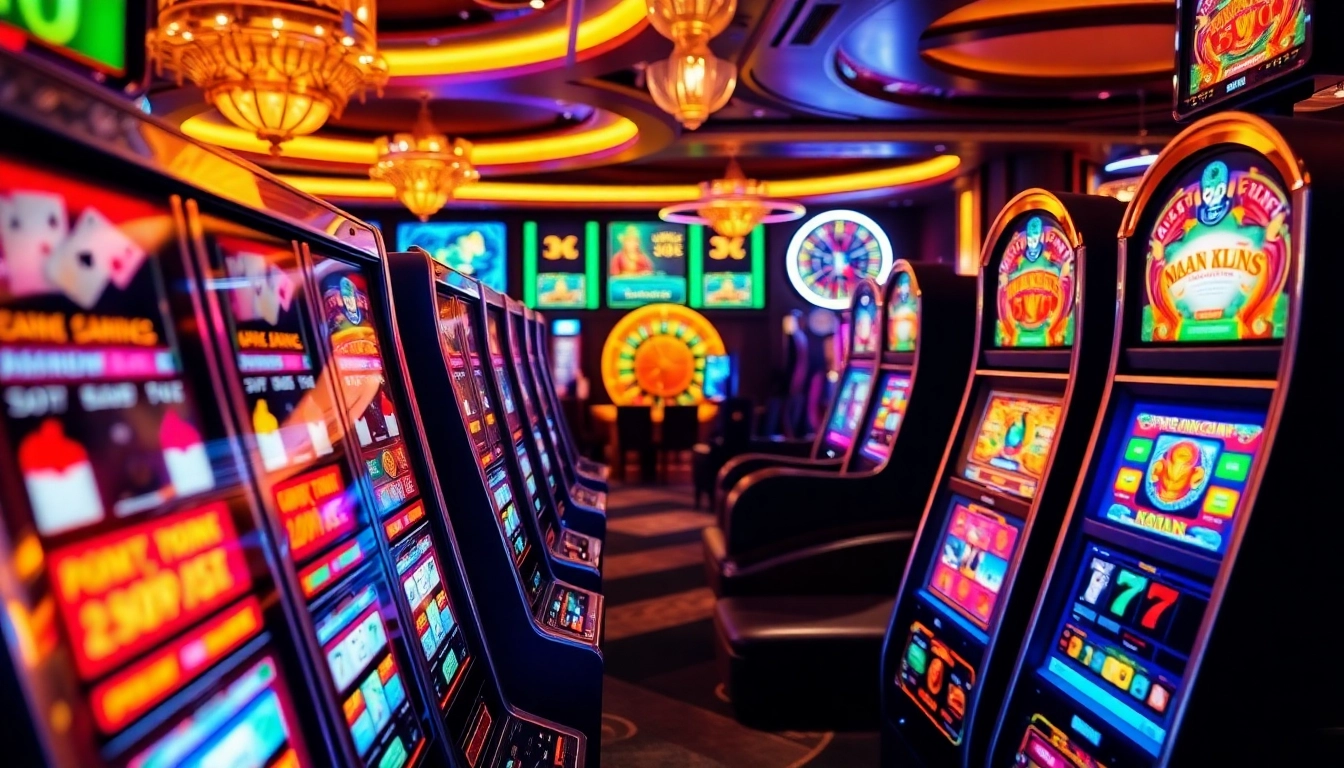 Player engaging with a slot machine in a vibrant casino filled with poker chips and cards.
