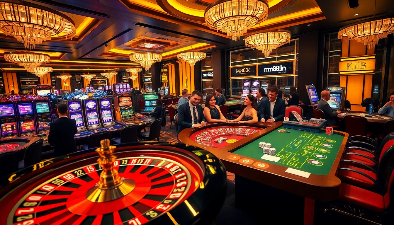 Excited players enjoying the luxury and excitement of mm88 vin casino games, with vibrant tables and slot machines.