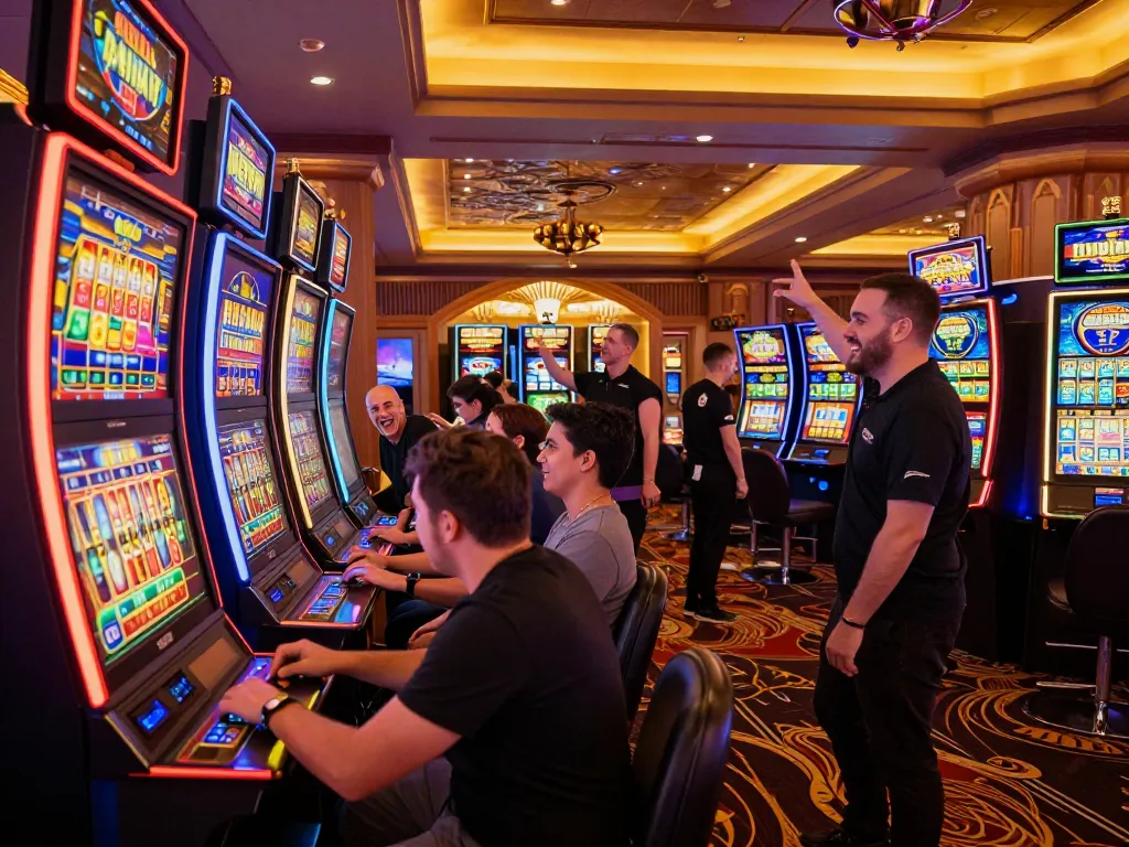 Players experiencing the thrills of slot gacor gampang menang at a lively casino slot machine area.