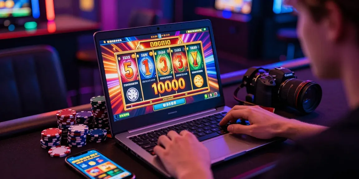 Engaging scene of a player making a slot deposit 1000 on a vibrant gaming laptop with colorful casino graphics.