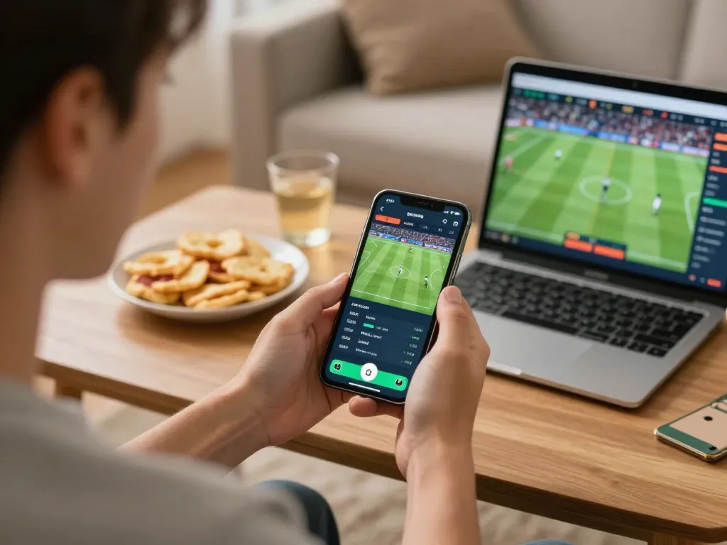 Engaged player using tg88.com mobile app for live sports betting, showcasing betting strategies in cozy home setting.