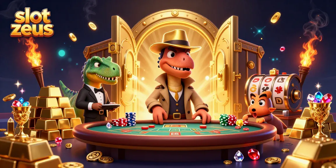 Play slot zeus with a 3D velociraptor at a blackjack table and treasures surrounding.