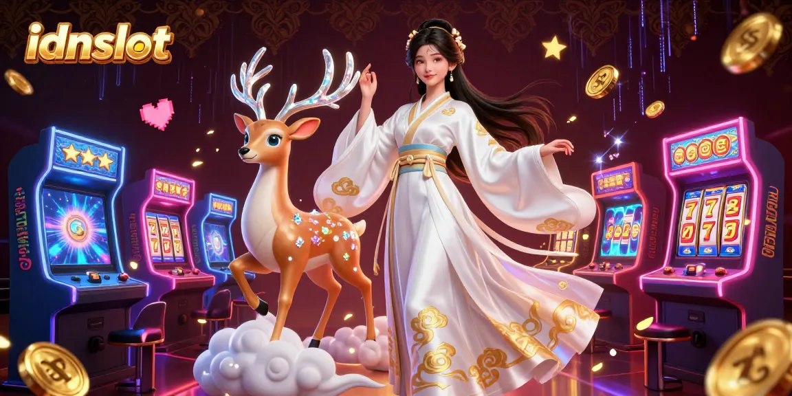 Play thrilling idnslot games with dynamic visuals and engaging characters in a vibrant casino illustration.